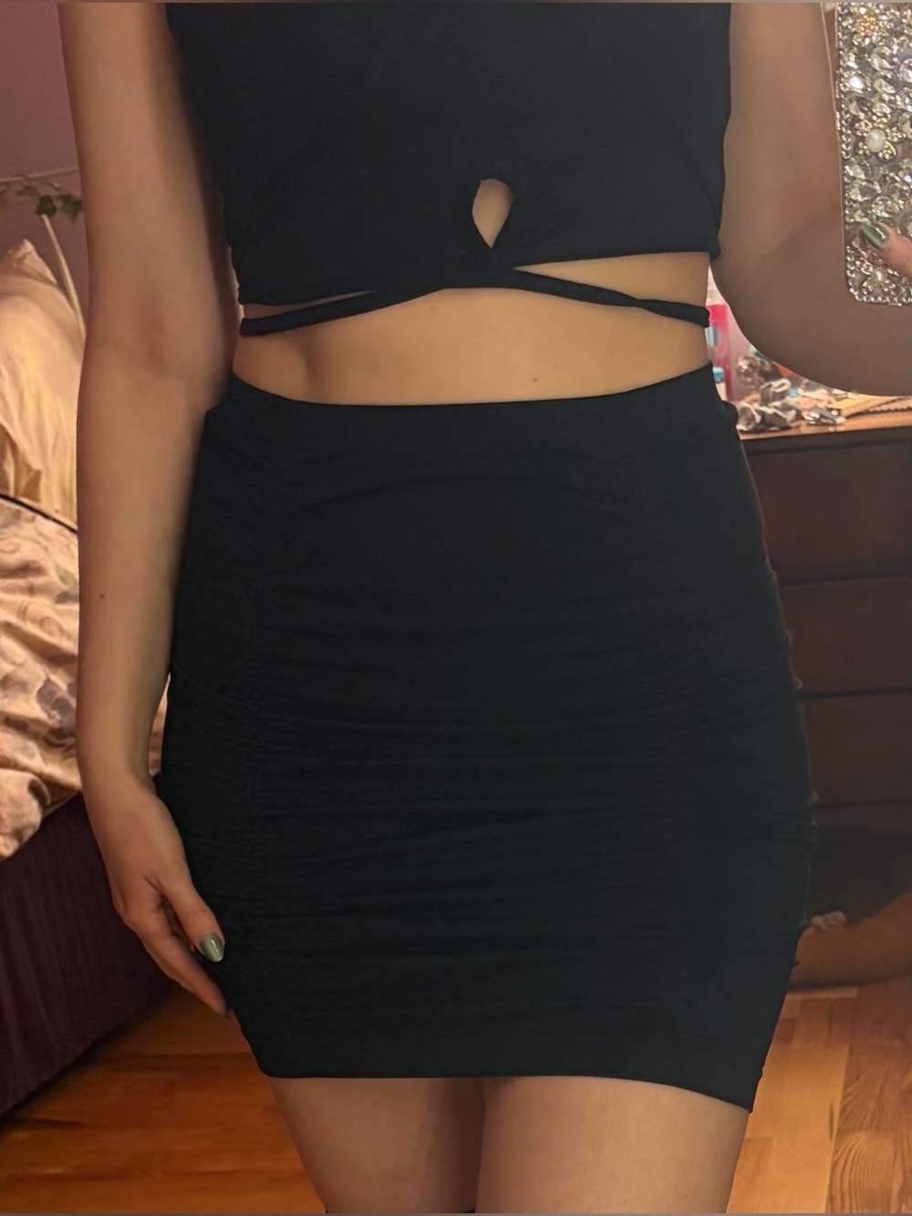 Dynamite Black Ruched Adjustable Bodycon Mini Skirt